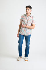 Hand Printed 'The Sheril' Short Sleeve Shirt in Turquoise and White