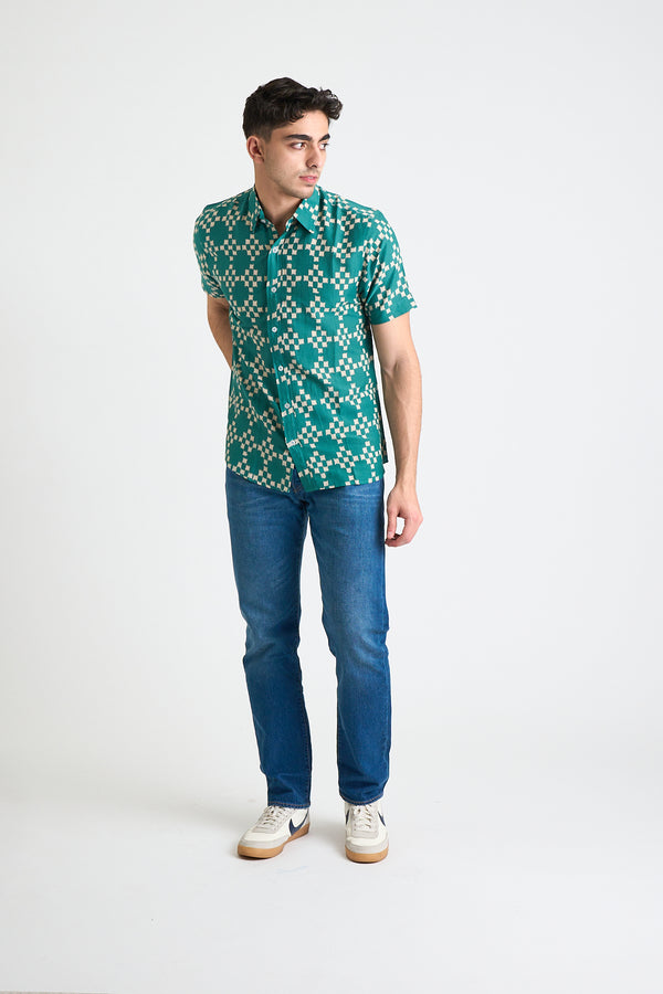 Hand Printed 'The Sheril' Short Sleeve Shirt in Green and White Squares