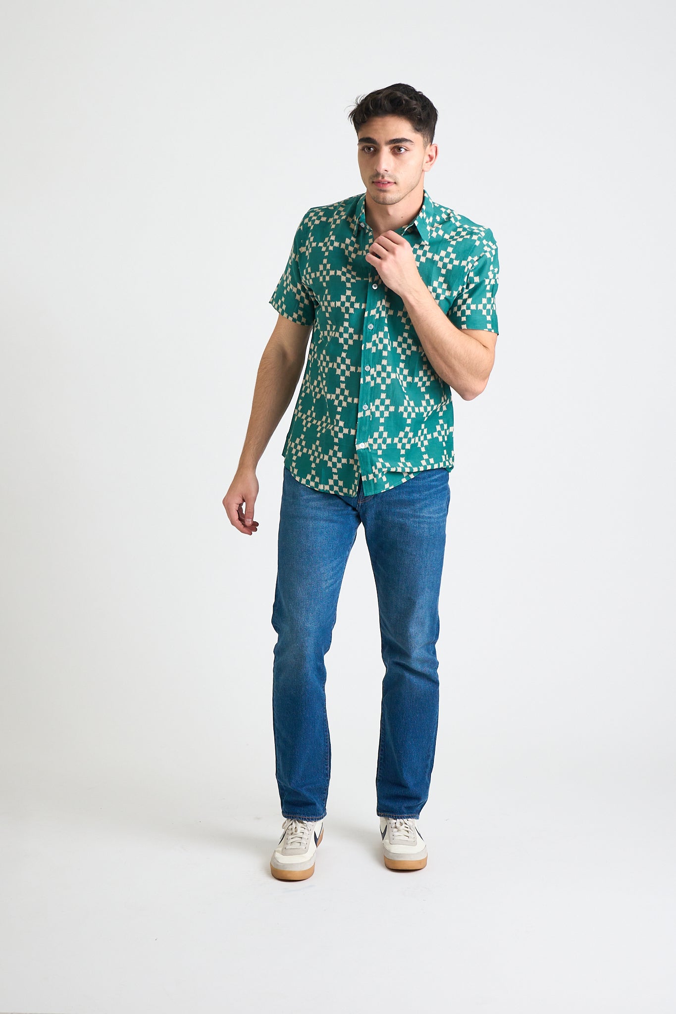 Hand Printed 'The Sheril' Short Sleeve Shirt in Green and White Squares