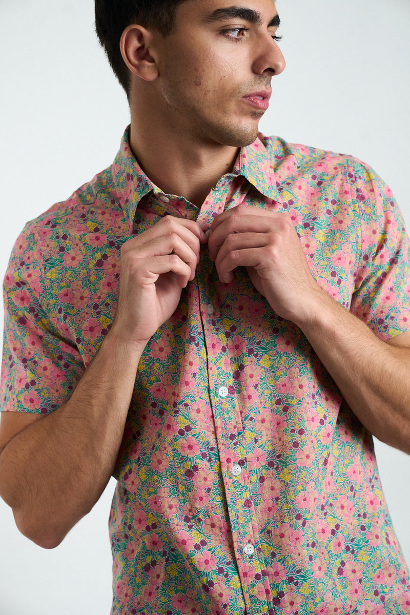 Hand Printed 'The Prat' Short Sleeve Shirt in Pastel Floral Print