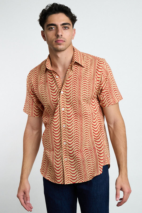 Hand Block Printed 'The Sheril' Short Sleeve Shirt in Beige and Red Zig Zag Print