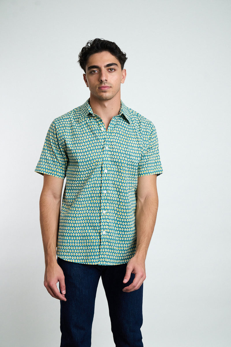 Hand Block Printed 'The Sheril' Short Sleeve Shirt in Avocado Print ...