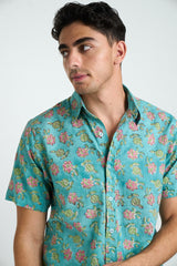 Hand Block Printed 'The Sheril' Short Sleeve Shirt in Teal Floral Print