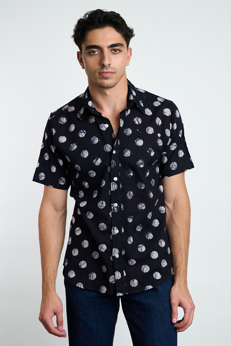 Hand Block Printed 'The Aby' Short Sleeve Shirt in Black and White Batik Dots Print