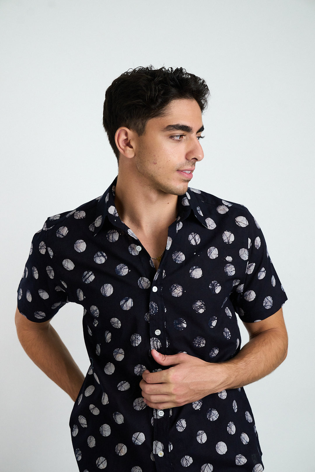 Hand Block Printed 'The Aby' Short Sleeve Shirt in Black and White Batik Dots Print