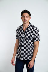 Hand Block Printed 'The Aby' Short Sleeve Shirt in Black and Gray Chessboard Batik Print