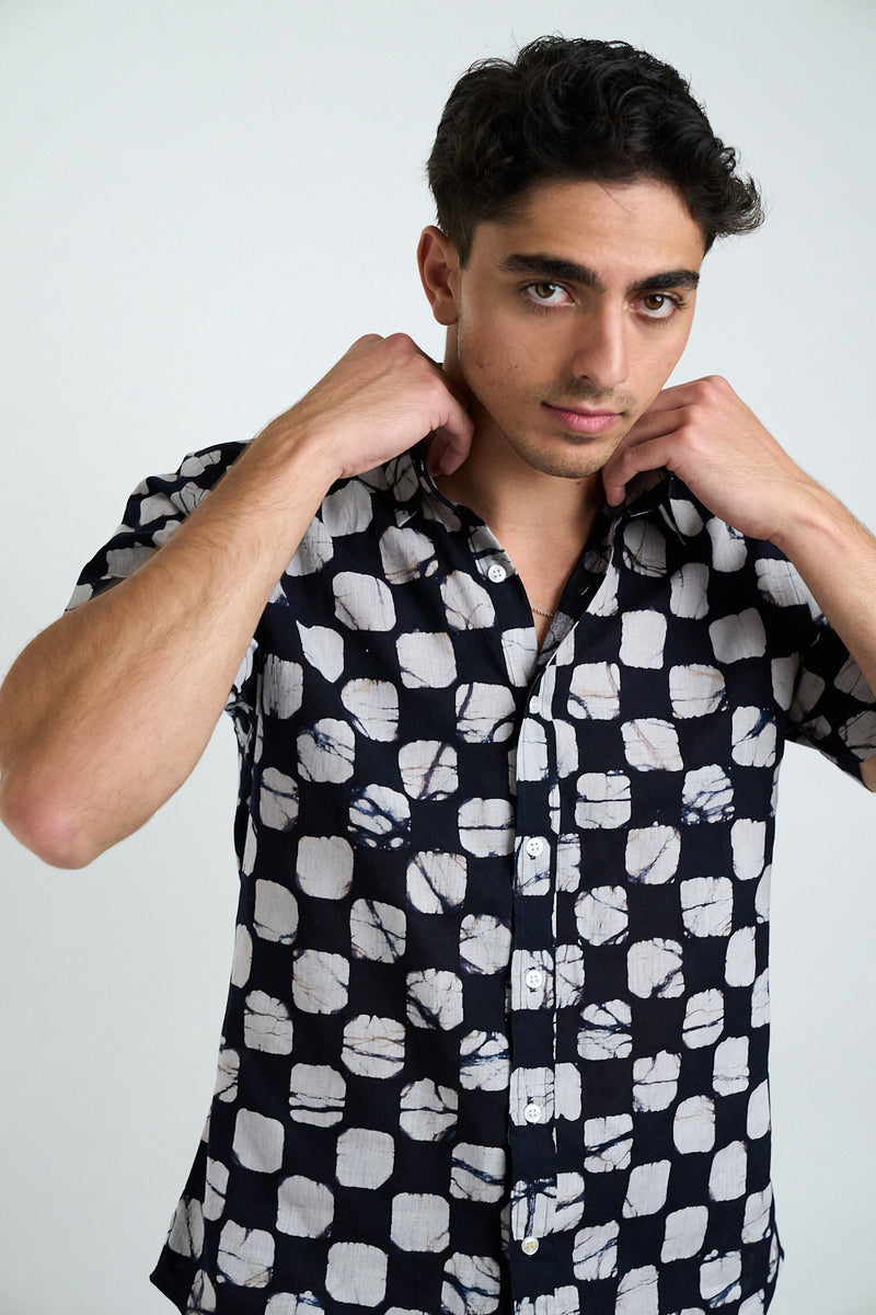 Hand Block Printed 'The Aby' Short Sleeve Shirt in Black and Gray Chessboard Batik Print