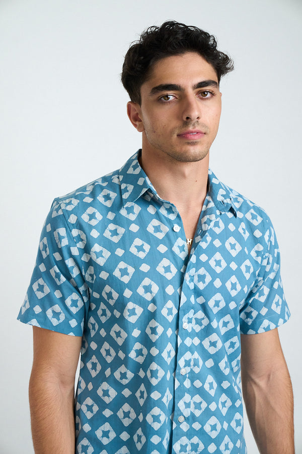 Hand Block Printed 'The Aby' Short Sleeve Shirt in Blue and White Diamond Batik Print