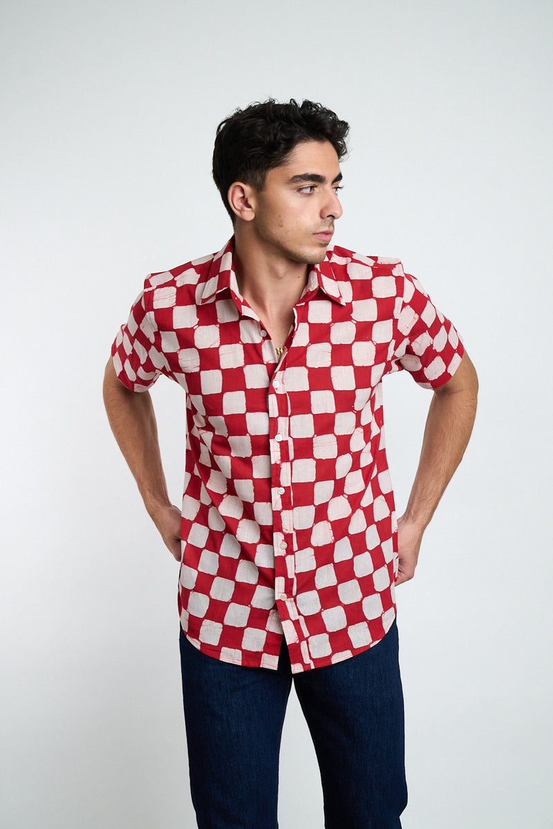 Hand Block Printed 'The Aby' Short Sleeve Shirt in Red and Pink Chessboard Batik Print