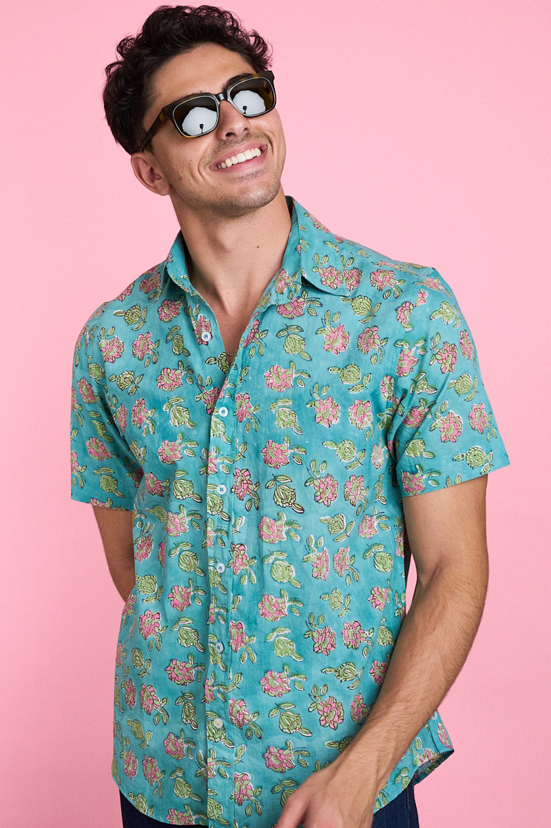 Hand Block Printed 'The Sheril' Short Sleeve Shirt in Teal Floral Print