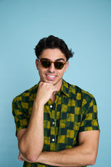 Hand Block Printed 'The Sufi' Short Sleeve Shirt in Green and Turmeric Checks