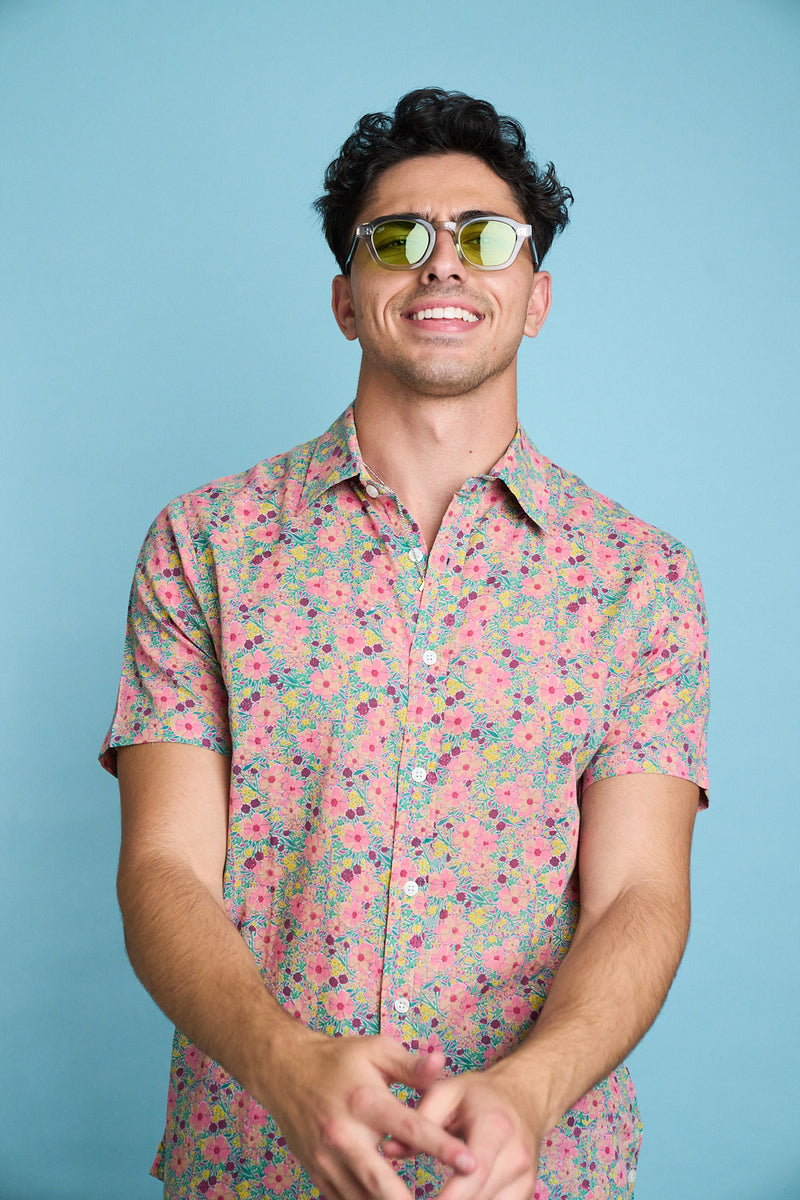 Hand Printed 'The Prat' Short Sleeve Shirt in Pastel Floral Print