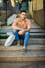 Hand Block Printed 'The Sheril' Short Sleeve Shirt in Beige and Red Zig Zag Print