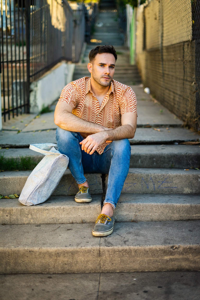 Hand Block Printed 'The Sheril' Short Sleeve Shirt in Beige and Red Zig Zag Print