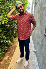 Hand Printed 'The Prat' Short Sleeve Shirt in Burnt Orange Motif Print