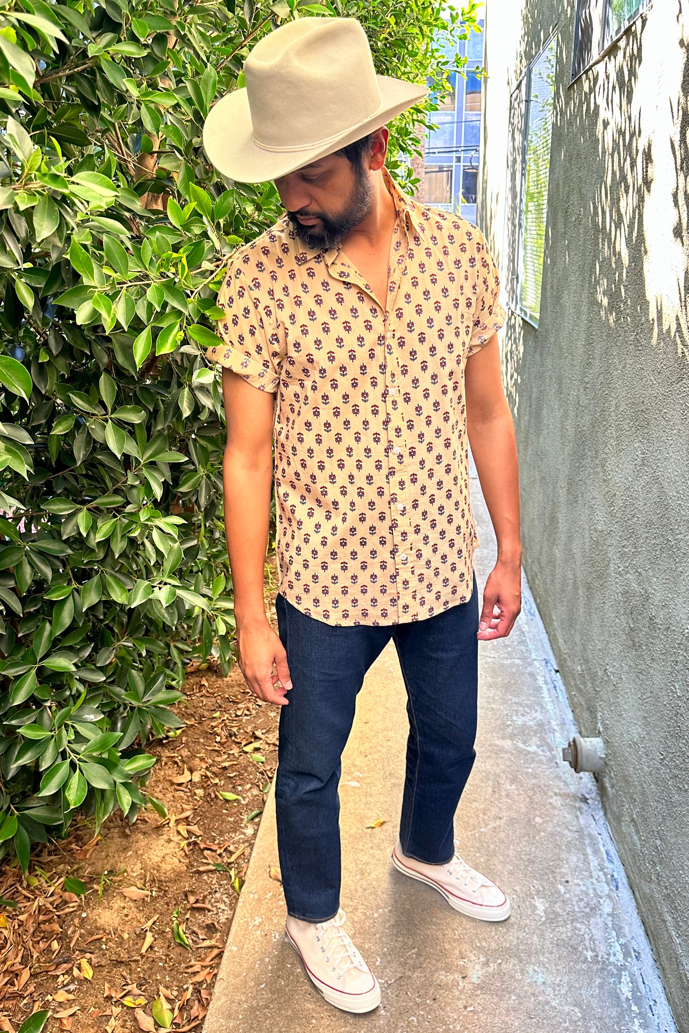 Hand Printed 'The Prat' Short Sleeve Shirt in Beige Motif Print