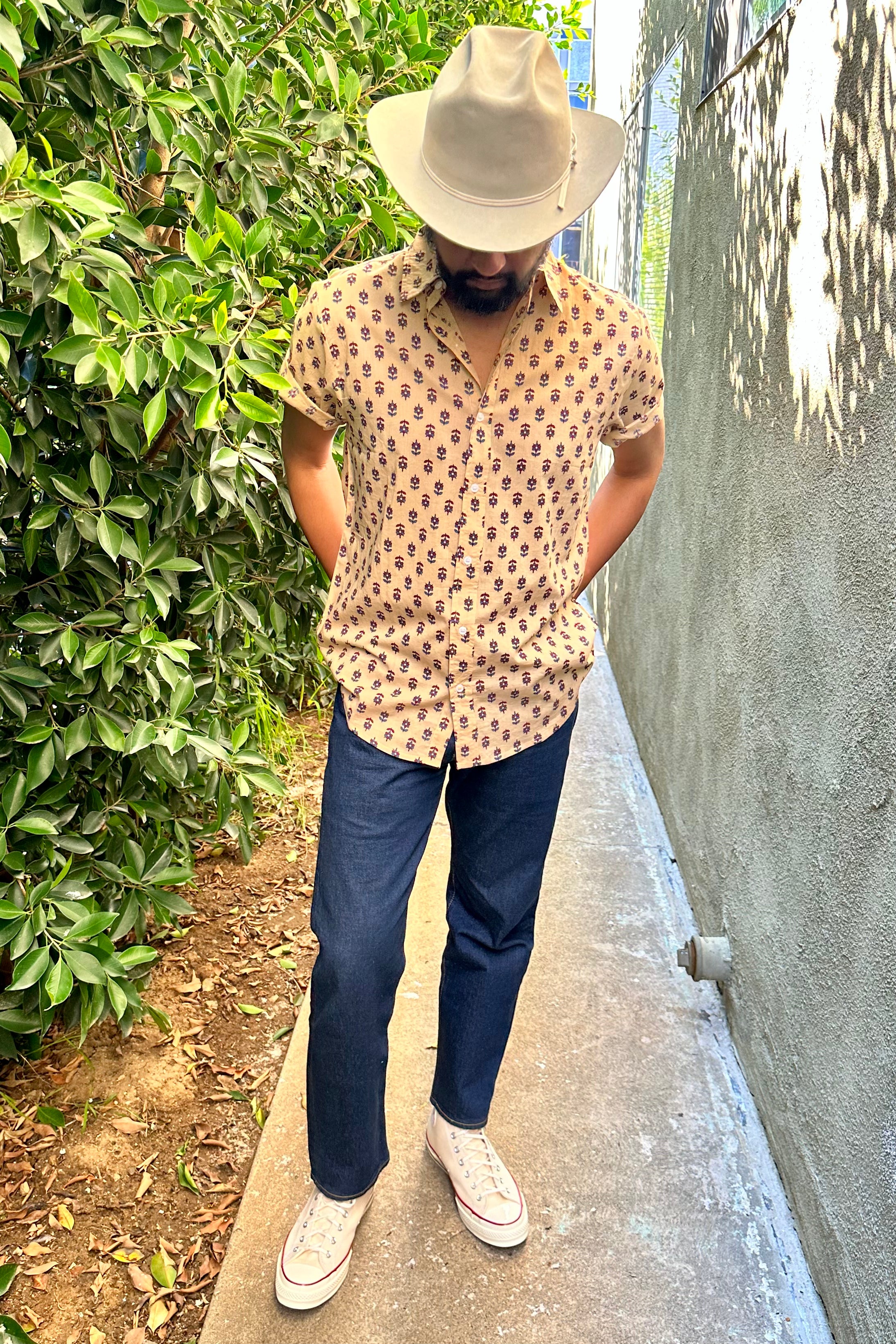 Hand Printed 'The Prat' Short Sleeve Shirt in Beige Motif Print