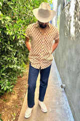 Hand Printed 'The Prat' Short Sleeve Shirt in Beige Motif Print