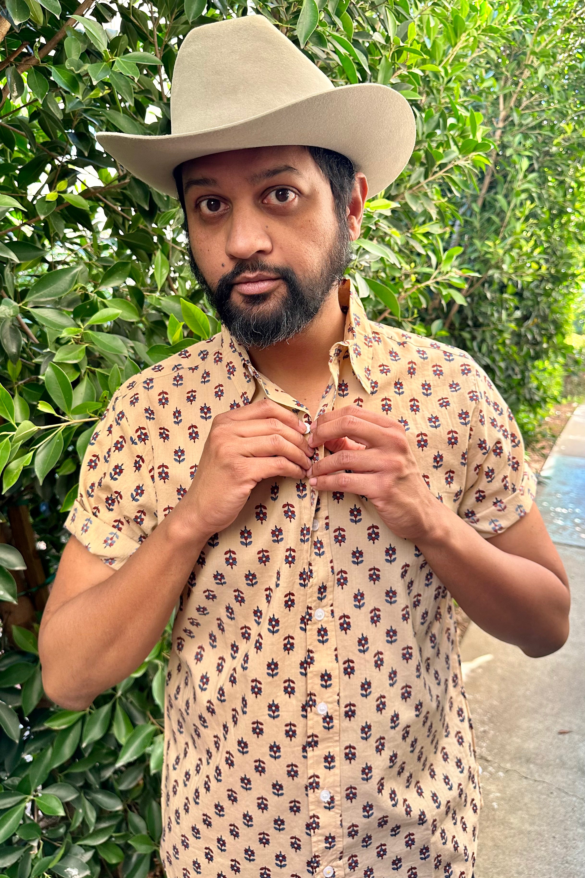 Hand Printed 'The Prat' Short Sleeve Shirt in Beige Motif Print