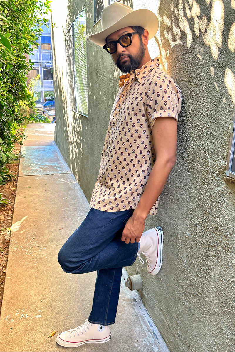 Hand Printed 'The Prat' Short Sleeve Shirt in Beige Motif Print