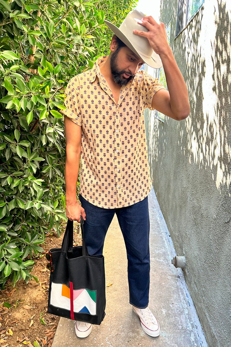 Hand Printed 'The Prat' Short Sleeve Shirt in Beige Motif Print